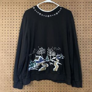VTG Christmas Sweater Pullover Sweatshirt Black Embroidered Woodland Cabin Xl